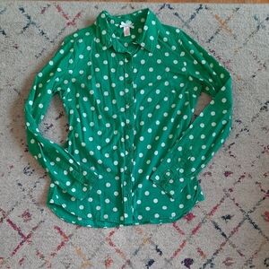 Downeast cotton button up polka dot green top small